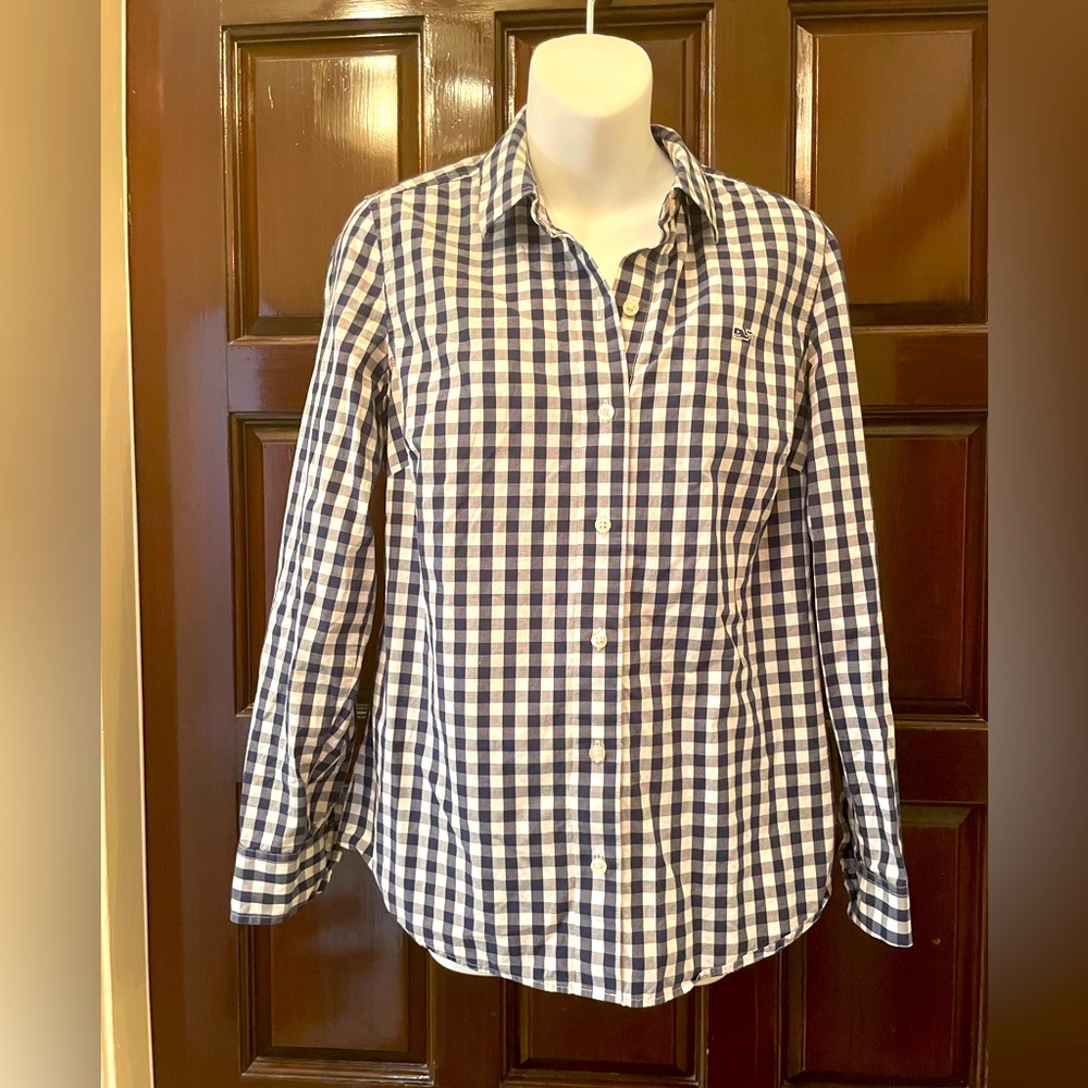 Vineyard Vines Navy Blue & White Button Down Shirt Top Blouse  Size 6
